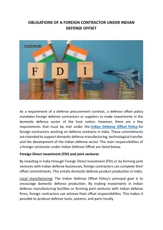 OBLIGATIONS OF A FOREIGN CONTRACTOR UNDER INDIAN DEFENSE OFFSET