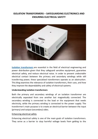 ISOLATION TRANSFORMERS – SAFEGUARDING ELECTRONICS AND ENSURING ELECTRICAL SAFETY