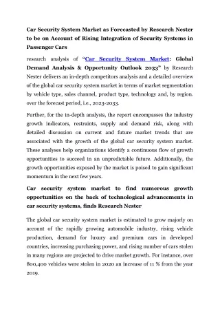 Car Security System Market Industry Insights By Growth, Emerging Trends 2033