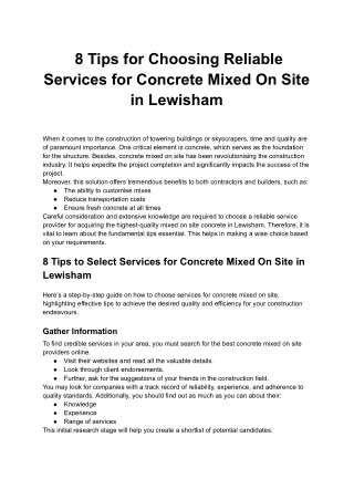 8 Tips for Choosing Reliable Services for Concrete Mixed On Site in Lewisham