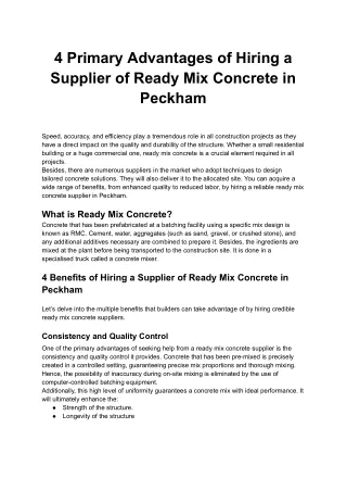 4 Primary Advantages of Hiring a Supplier of Ready Mix Concrete in Peckham