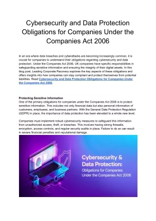 Cybersecurity and Data Protection Obligations for Companies Under the Companies Act 2006