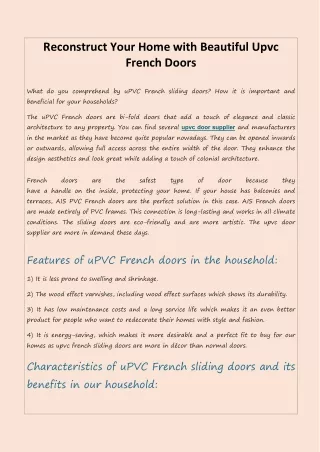 Reconstruct Your Home with Beautiful Upvc French Doors