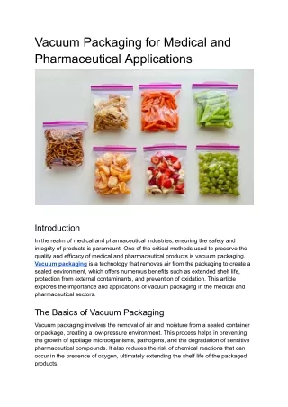 Vacuum Packaging for Medical and Pharmaceutical Applications