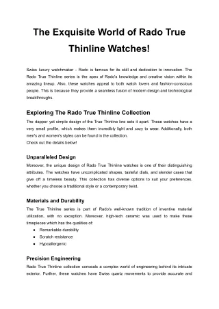 The Exquisite World of Rado True Thinline Watches
