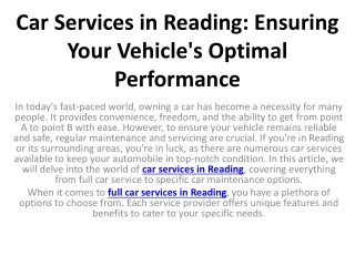 Car Services in Reading Ensuring Your Vehicle's Optimal Performance