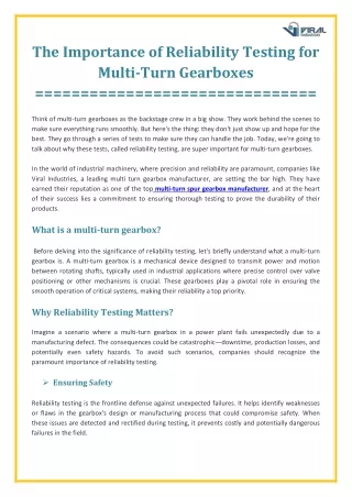 The Significance of Reliability Testing for Multi-Turn Spur Gearbox