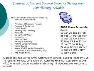Consumer Affairs and Personal Financial Management 2008 Training Schedule