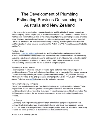 The Development of Plumbing Estimating Services Outsourcing in Australia and New Zealand