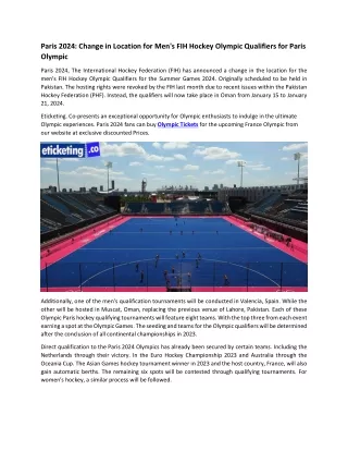 Paris 2024 Change in Location for Men's FIH Hockey Olympic Qualifiers for Paris Olympic