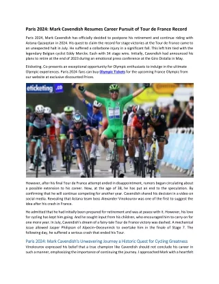 Paris 2024 Mark Cavendish Resumes Career Pursuit of Tour de France Record