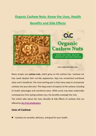 Organic Cashew Nuts: Know Uses, Health Benefits and Side Effects