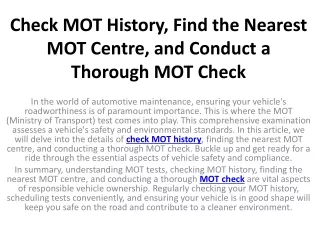 Check MOT History, Find the Nearest MOT Centre, and Conduct a Thorough MOT Check