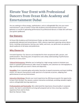 Elevate Your Event with Professional Dancers from Ocean Kids Academy and Entertainment Dubai