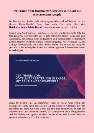 Der Traum vom Hotelmitarbeiter Job in Kassel mit rent-awesome-people