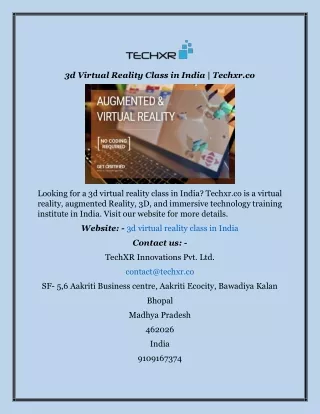 3d Virtual Reality Class in India  Techxr.co