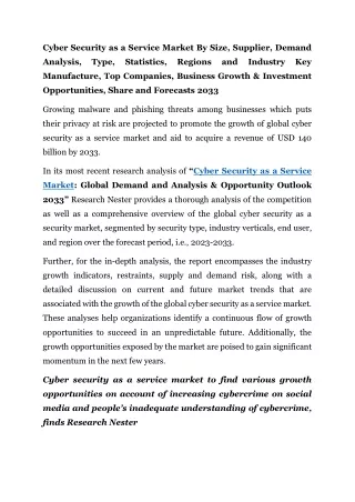 Cyber Security as a Service Market Statistics, Regions 2033