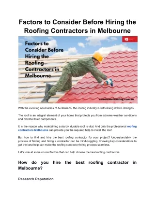 Factors to Consider Before Hiring the Roofing Contractors in Melbourne