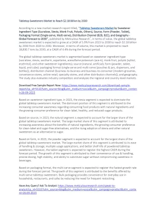 Tabletop Sweeteners Market to Reach $2.18 Billion by 2030