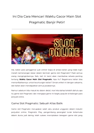 Ini Dia Cara Mencari Waktu Gacor Main Slot Pragmatic Banjir Petir!