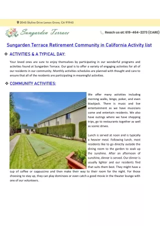 Sungarden Terrace Retirement Community in California activity list