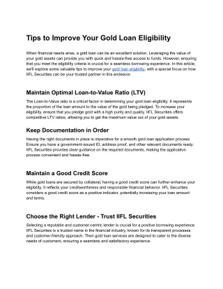 Tips to Improve Your Gold Loan Eligibility