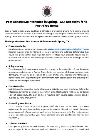 Pest Control Maintenance in Spring, TX A Necessity for a Pest-Free Home