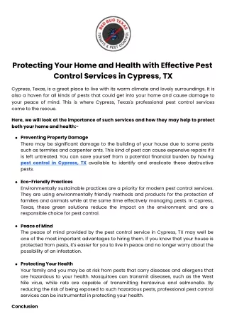 Protecting Your Home and Health with Effective Pest Control Services in Cypress, TX