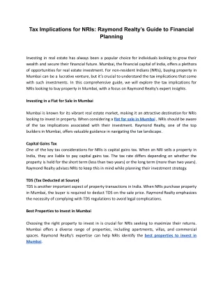 Tax Implications for NRIs_ Raymond Realty’s Guide to Financial Planning