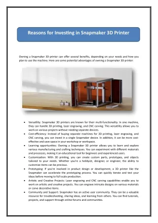 Reasons for Investing in Snapmaker 3D Printer