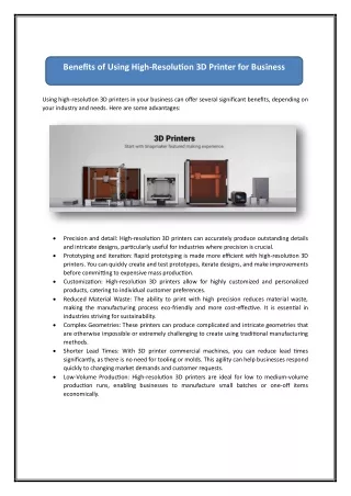 Benefits of Using High-Resolution 3D Printer for Business