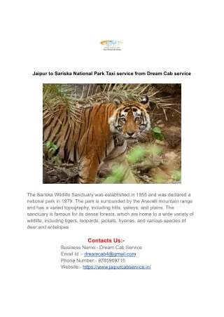 Jaipur to Sariska National Park Taxi service from Dream Cab service