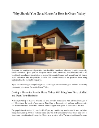 Why Should You Get a House for Rent in Green Valley