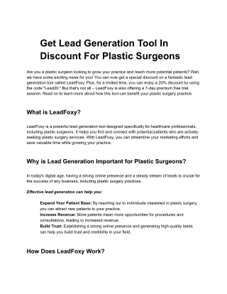 Get Lead Generation Tool In Discount For Plastic surgeons