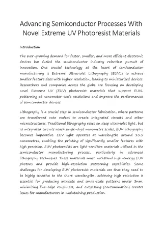 Advancing Semiconductor Processes With Novel Extreme UV Photoresist Materials