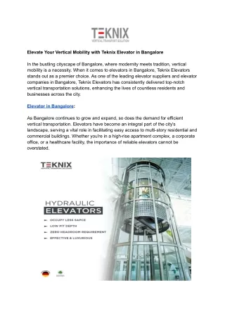 Elevate Your Vertical Mobility with Teknix Elevator in Bangalore