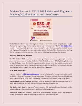 Achieve Success in SSC JE 2023 Mains with Engineers Academy's Online Course and Live Classes