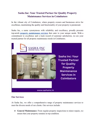 Property Maintenance Services near me Coimbatore - Sasha Inc