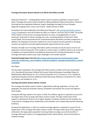 Oncology Information Systems Market to be Worth $4.45 Billion by 2030