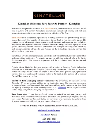 Kinstellar Welcomes Sava SavovAs Partner –Kinstellar