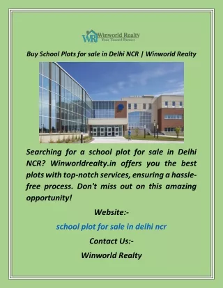 Buy School Plots for sale in Delhi NCR  Winworld Realty