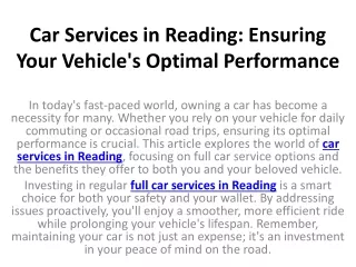 Car Services in Reading Ensuring Your Vehicle's Optimal Performance