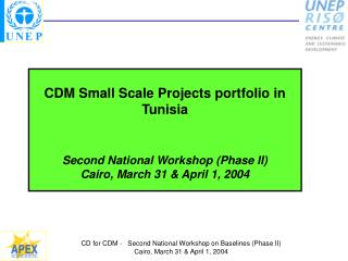 CDM Small Scale Projects portfolio in Tunisia Second National Workshop (Phase II) Cairo, March 31 &amp; April 1, 2004