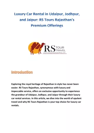 Luxury Car Rental in Udaipur, Jodhpur, and Jaipur: RS Tours Rajasthan's Premium