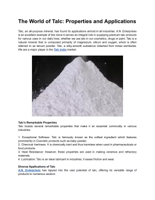 The World of Talc: Properties and Applications