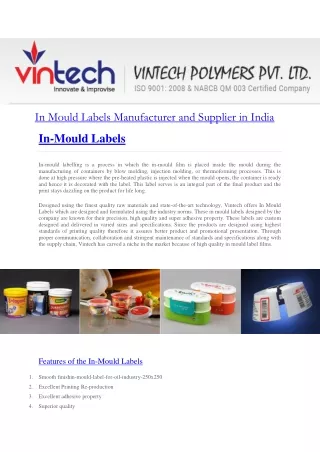 In Mould Labels Manufacturer and Supplier in India