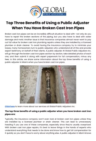 Top Three Benefits of Using a Public Adjuster When You Have Broken Cast Iron Pipes