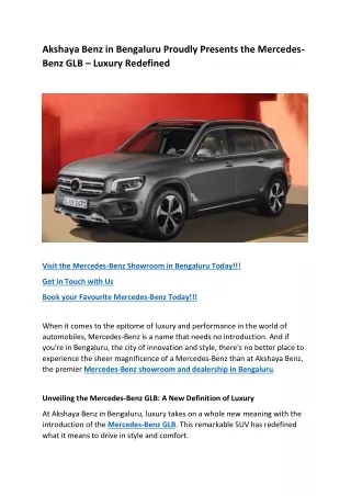 Akshaya Benz in Bengaluru Proudly Presents the Mercedes-Benz GLB – Luxury Redefined