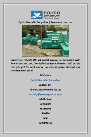 Dg Set Rental In Bangalore  Powersparrow