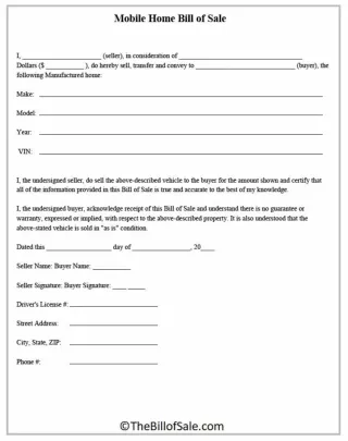 Mobile Home Bill of Sale Template PDF